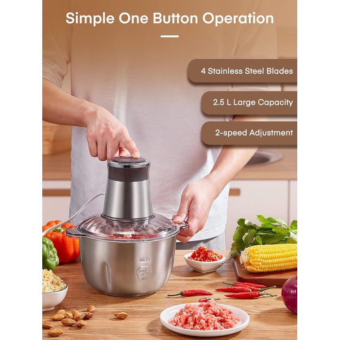 Подрібнювач кухонний електричний, 350 Вт, з 2-ма швидкостями, чашею з нержавіючої сталі об'ємом 2,5 л, 4 ножами з нержавіючої стал