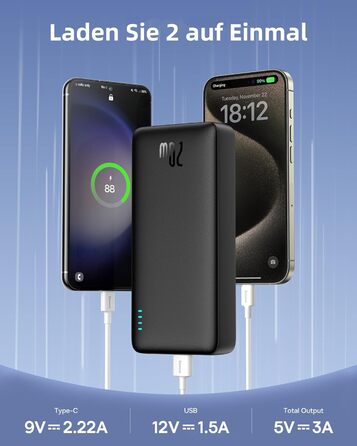 Зовнішні акумулятори для мобільних телефонів PD QC Charger with USB C in&out, Powerbank USB C Small для iPhone 15 14 13 12 11 Samsung S23 S22 iPad Xiaomi Huawei Black, 20000mAh Power Bank 20W Fast Charging