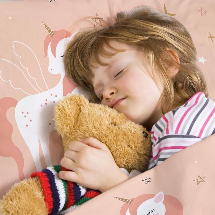 Постільна білизна HOM Unicorn 135x200 для дівчаток - рожева райдужна постільна білизна для дітей - з наволочкою 80x80см 2 шт. Одно