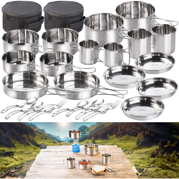 Кемпінгова сковорода Semptec Urban Survival Technology набір посуду для кемпінгу з нержавіючої сталі з 24 предметів, столовими приборами та сумкою (набір каструль, набір сковорідок)