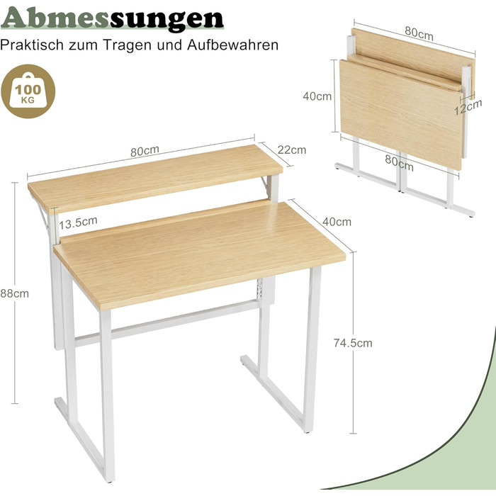 Складаний стіл, 80 см, невеликий стіл з полицею для монітора, 2-ярусний складаний стіл для домашнього офісу, офісу, школи, комп&39ютерний стіл для невеликих приміщень, бежевий