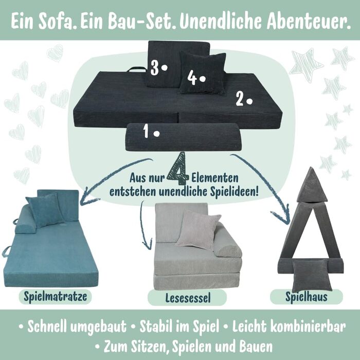 Дитячий ігровий диван та крісло з вельветової тканини М&39який дитячий диван Зручний дитячий диван зі знімними чохлами, які можна прати Ергономічний ігровий диван для ігрових кімнат, графітовий