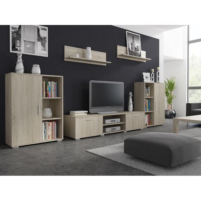 Настінна шафа для вітальні Herkules для життя, сучасна настінна шафа для вітальні, шафа для вітальні з тумбочкою під телевізор, буфетом та настінною полицею, повний комплект меблів для вітальні - Sonoma