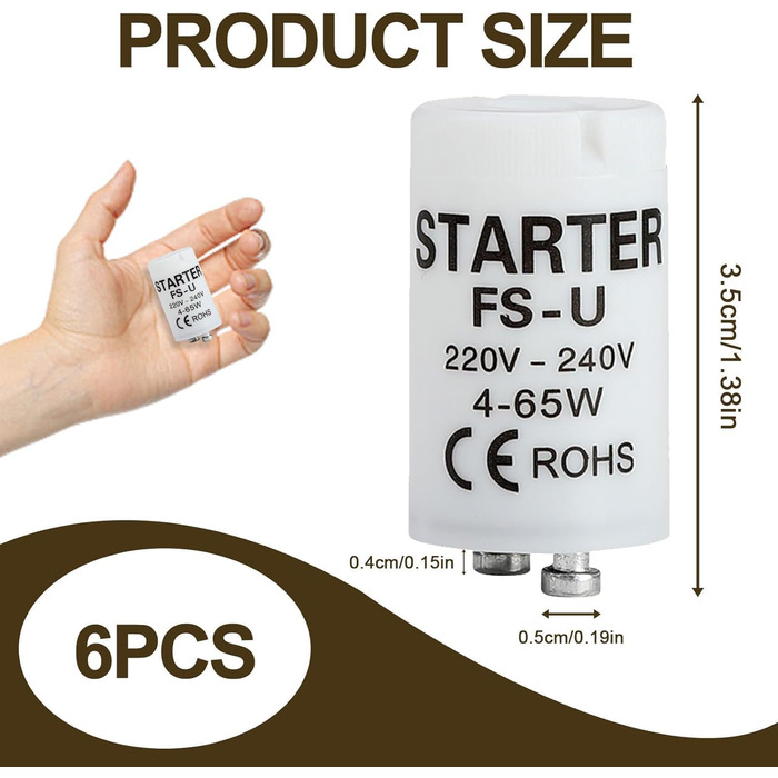 Універсальний стартер для люмінесцентних ламп, Longlife 220-240V, стартер для люмінесцентних ламп, люмінесцентна лампа, надійний і безпечний стартер, 6 Pack Starter Fluorescent Tubes 4-65 W