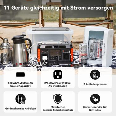 Портативна електростанція FLASHFISH 520 Втгод із сонячною панеллю 100 Вт, сонячний генератор з 2 розетками 230 В/560 Вт (піксельна напруга 1100 Вт), 5 виходами постійного струму та 4 виходами USB, аварійний генератор з акумулятором для кемпінгу, вечірок, 