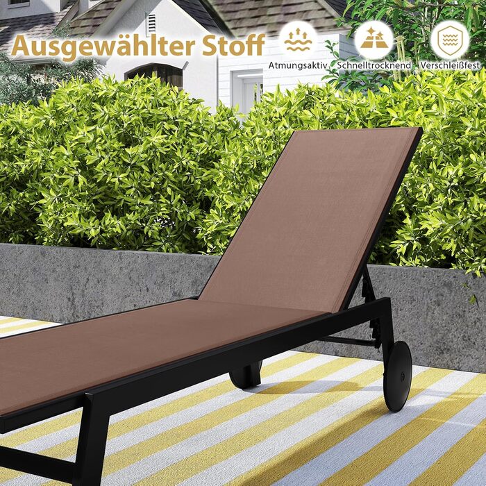 Комплект із 2 предметів Шезлонг на колесах, Садовий шезлонг з регульованою спинкою та швидковисихаючою тканиною, Шезлонг на колесах витримує до 150 кг, Шезлонг для саду, балкону, тераси (коричневий) 2 коричневих