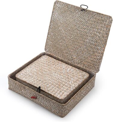 Прямокутний кошик для зберігання з ротанга, полиці з натуральної плетеної морської трави з кришками, 2 предмети (великий малий для білої білизни)