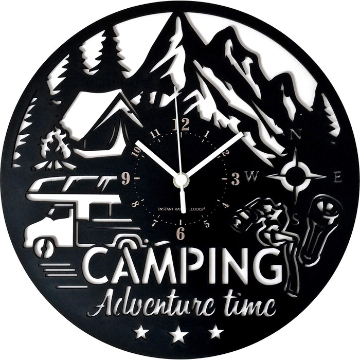 Настінний годинник Camping декор для пригод із наметом, кемпером та компасом Безшумний кварцовий механізм Ідея подарунка для кемперів та любителів природи та outdoor