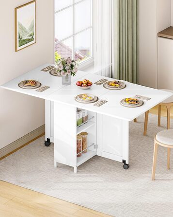 Обідній стіл Hzuaneri, розкладний обідній стіл на колесах, для 3-6 осіб, розкладний стіл з шухлядами, шафами та дворівневими відкритими полицями, підходить для невеликих приміщень, білий KT14003W