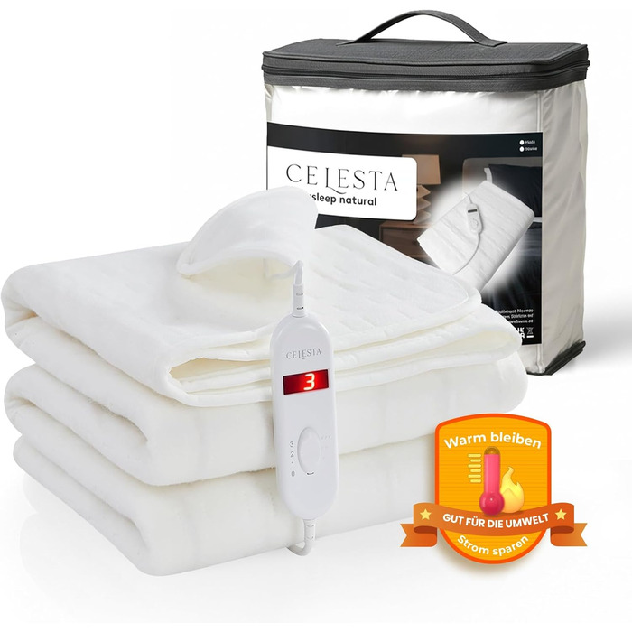 Підогріта підковдра CELESTA 150x80 см, нагрівальна ковдра з 3 температурними режимами, світлодіодним контролером та захистом від перегріву, можна прати в пральній машині та дихаюча, біла стандартна біла 150 x 80 см