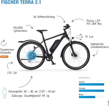 Електричний велосипед Terra 2.1 для чоловіків та жінок, висота 48 см, двигун заднього колеса 45 Нм, батарея 48 В, чорний матовий, 27,5 дюймів