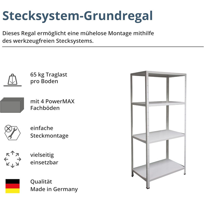 Система полиць SCHULTE з 4 полицями PowerMAX, вантажопідйомність 65 кг, 180x80x40 см (ВxШxГ), білий, полиця для зберігання, полиця для майстерні, полиця для підвалу, полиця для гаража, металева полиця