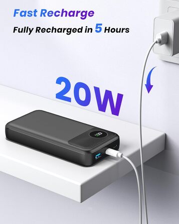 Вт Швидка зарядка Power Bank з USB-C входом і виходами PD3.0 QC 4.0, портативний зарядний телефон, зовнішній акумуляторний блок, сумісний з iPhone, смартфонами, планшетами, чорний, 20000mAh, 22, 5