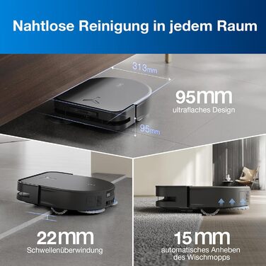 Робот для прибирання та пилососу, 12800 Па, проти заплутування, адаптивне очищення країв TruEdge, миття теплою водою при 70 C, інт