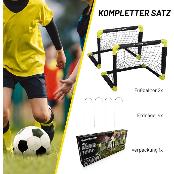 Футбольні ворота Dunlop - Складані футбольні ворота - Футбольні ворота для дітей садівництва - Футбольне тренувальне обладнання для використання в приміщенні та на вулиці - Чорний/Жовтий, 2 шт. 50x44x44 см