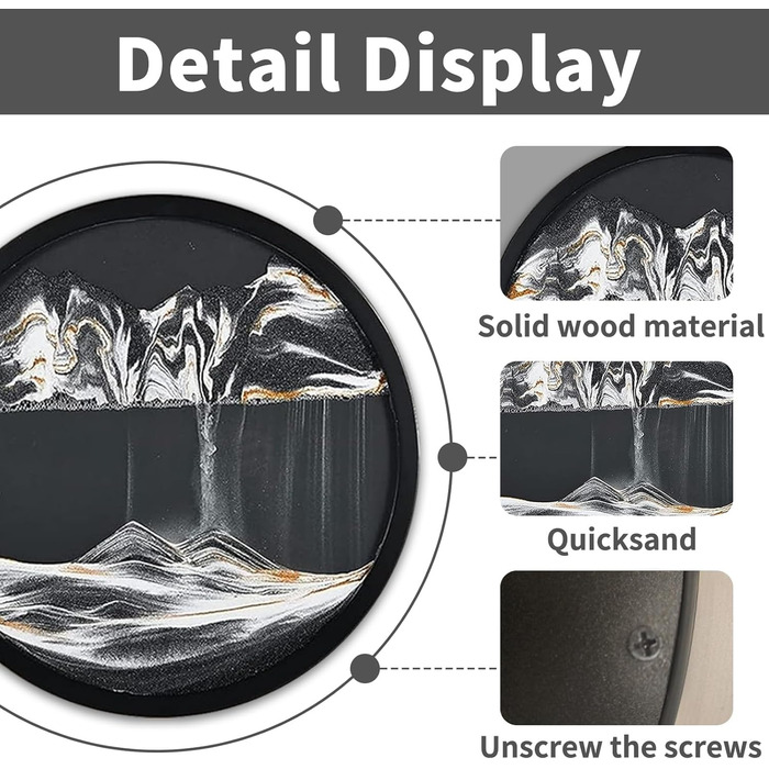 Піщані картини для обертання, 3D піщаний пейзаж, рухоме піщане мистецтво, кругле скло, рухоме зображення глибокого морського піску, рамка з плинним піском, настінна прикраса, вітальня, офіс, подарунки (чорно-білий 1, 60-60L x 60B см чорно-білий 1