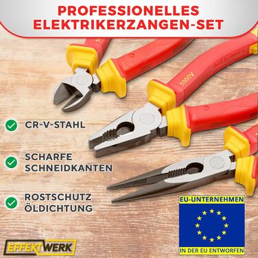 Набір електроінструментів (3 предмети), ізольовані, з сертифікацією VDE комбіновані плоскогубці, довгі/гострогубці та бічні кусачки