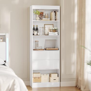 Книжкова шафа, книжкова шафа з 2 шухлядами та 4 відділеннями, шафа для вітальні з регульованими полицями, висока шафа для вітальні, спальні, кабінету, кухні, компактна, 180x60x24 см, білий