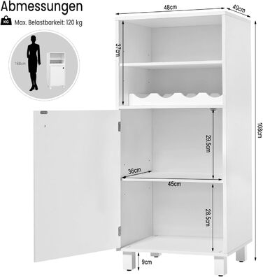 Кухонна шафа WOLTU з винною полицею, книжковою полицею, кухонною полицею, багатофункціональною шафою для зберігання, книжковою шафою, з дверцятами та регульованими полицями, білою, 48x108x40 см, KSK01ws