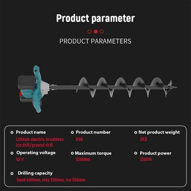 Акумуляторний ґрунтобур для Makita 18V, 1200W безщітковий двигун, для буріння отворів діаметром до 350мм (ґрунт, лід), для встановлення парканів, саду та фундаментів, мішалка для розчину. Постачається без зарядного пристрою та бура (без акумулятора).