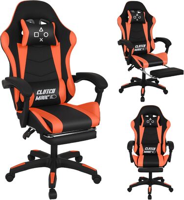 Ергономічне ігрове крісло FRANKYSTAR Clutch, офісне крісло з поперековою подушкою, підголівником та підставкою для ніг з ПВХ, чорного та червоного кольорів