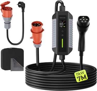 Зарядний кабель типу 2 11 кВт з вилкою CEE, 7M 6-16A 3-фазний з регульованою потужністю зарядки, мобільний настінний блок / зарядн