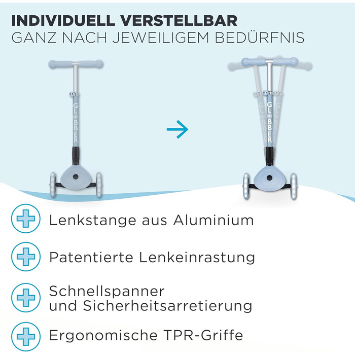 Складаний самокат GLOBBER JUNIOR Foldable Lights ECO Tretroller, 120/80 мм, ABEC 9, 3 колеса, LED-підсвітка, колір Blueberry