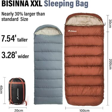 Спальний мішок BISINNA XXL для великих дорослих, спальний мішок на 3-4 сезони, зимовий теплий спальний мішок для активного відпочинку на природі, широкий спальний мішок для кемпінгу великих розмірів, помаранчевий, 1,5 кг, блискавка зліва