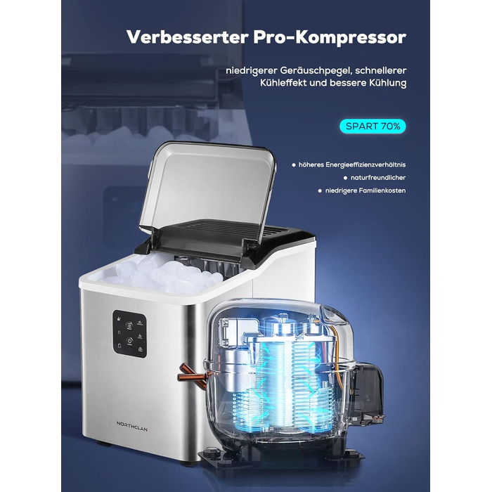 Машина для льоду з нержавіючої сталі з 2 розмірами кубиків льоду, 14 кг 24 шт. , самоочищення, 9 кубиків льоду за 6 хвилин, LED-дисплей, резервуар для води 2 л, льодогенератор із черпаком для льоду та кошиком, льодогенератор NORTHCLAN