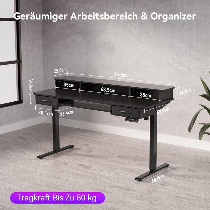 Електричний стіл з регульованою висотою та підставкою для клавіатури, 140x60 см, з 2 шухлядами, комп&39ютерний стіл з підставкою для монітора для домашнього офісу, чорний, 140 x 60 см з підставкою для клавіатури