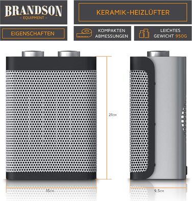 Керамічний вентилятор-обігрівач - 2 рівні потужності - Плавне регулювання температури - 1500 Вт - Енергозберігаючий, тихий вентилятор-обігрівач для ванної кімнати - Захист від перегріву, захист від перекидання - Обігрівач