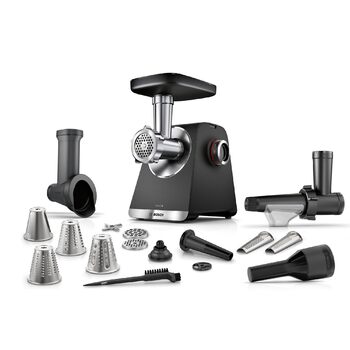Електрична м'ясорубка Bosch MultiPower Serie 6 MFWS660B, 2100 Вт, нержавіюча сталь, 3 диски (3, 4.5, 8 мм), насадки для ковбас, кеббе та тертя, соковижималка, чорна