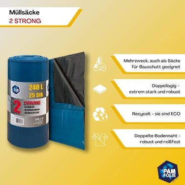 Надзвичайно міцні сміттєві мішки об&39ємом 240 л - 25 шт. - Великі, товсті сміттєві мішки - 100x125 см - Двошарові - Чорно-сині сміттєві мішки - Мішки для будівельних відходів - Універсальні будівельні мішки для відходів