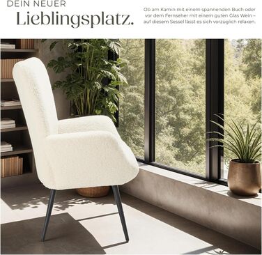 Крісло tectake у скандинавському стилі з крилами, крісло Teddy Hygge, крісло з букле для вітальні, спальні, вишукане крісло-гостина, вантажопідйомність до 150 кг без підставки для ніг, букле кремовий/чорний
