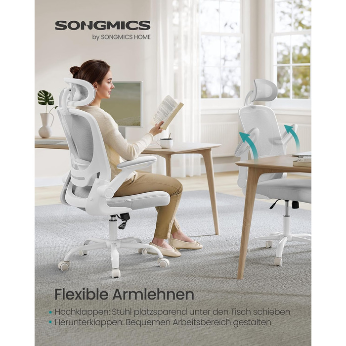 Ергономічне офісне крісло SONGMICS, обертове крісло з сіткою, поперековим відділом хребта та підголівником, функція гойдання, розмір сидіння 53 см, складні підлокітники, для роботи та спальні, для студентів, колір голубий сірий OBN047G01