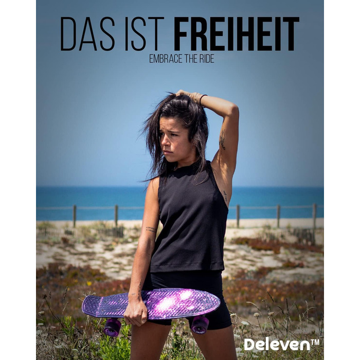 Скейтборд Deleven LED Galaxy Blue 56 см зі світлодіодними колесами ABEC-7 міні-круїзер для дітей дорослих початківців інструмент T-Tool у комплекті синій галактика пенні-борд з LED підсвічуванням оригінал 2025