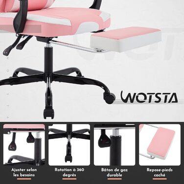 Ігрове крісло, Ігрове крісло, Ергономічне ігрове крісло з підставкою для ніг, Ергономічне офісне крісло з поперековою опорою, Регульована спинка 90-135, Рожевий/Білий