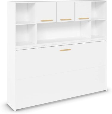 Меблі Rauch Albero, ліжко, настінне ліжко, поперечно розкладне ліжко, компактне настінне ліжко з каркасом ліжка, полицею та рейковою основою, спальна зона 90x200 см, колір білий, ручки з масиву дуба, 214x197x44 см