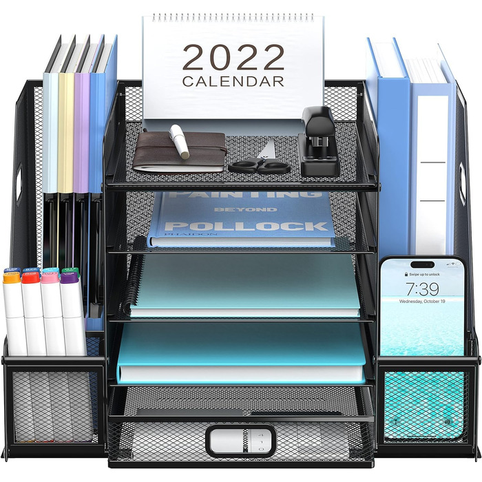 Органайзер для робочого столу з тримачами для файлів, 5-ярусний органайзер для паперів з шухлядою, сітчастий настільний органайзер для файлів з тримачем для журналів для офісного органайзера - чорний