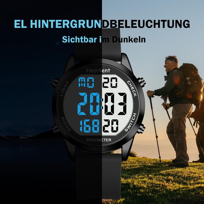 Чоловічий годинник-крокомір (без застосунку чи телефону), цифровий годинник з великими цифрами, водонепроникний 30 м, фітнес-трекер з крокоміром та лічильником калорій, повністю чорний