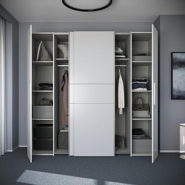 Шафа 200, сучасна шафа з розсувними/відкидними дверима, 4 двері, полиці, вішалки для одягу, дерев&39яний композит, білий, 200,1 см завширшки x 190,5 см заввишки x 61,2 см завглибшки, білий, без шухляд