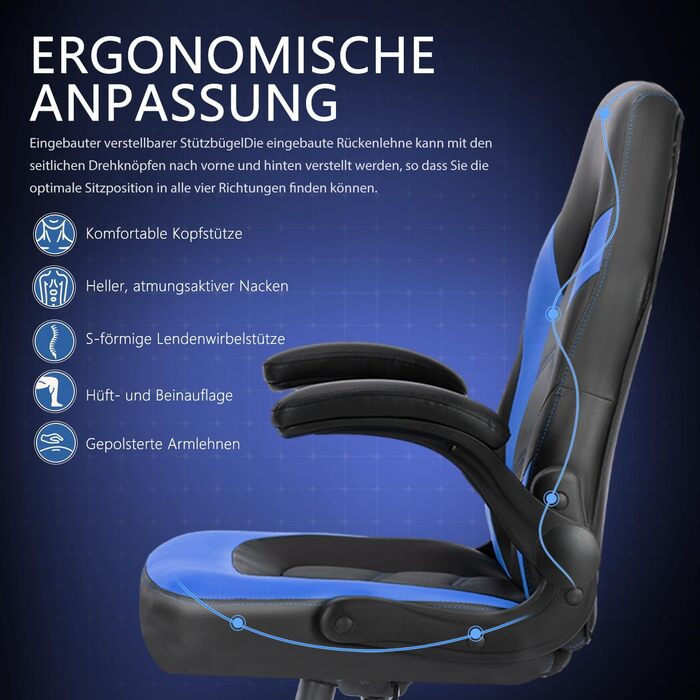 Ергономічне ігрове крісло зі складними підлокітниками, регульована висота (107-116 см), поворот на 360, штучна шкіра, тихі колеса, складні підлокітники, офісне крісло для ігор та домашнього офісу, синього кольору