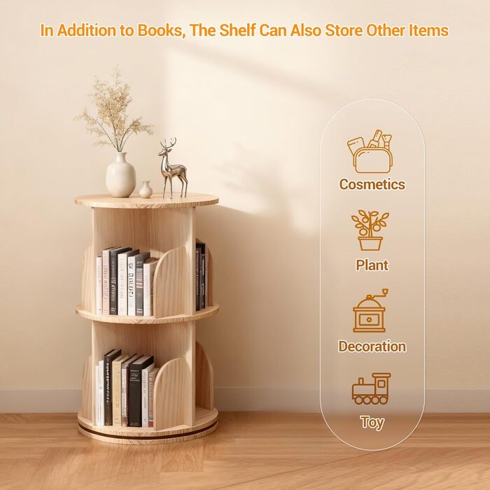 Рівнева обертова книжкова полиця з масиву дерева - Полиця на 360 - Підлогова книжкова полиця - Багатофункціональна книжкова полиця - Полиця для зберігання для дітей та дорослих, Ø39 см, В67 см, 2-