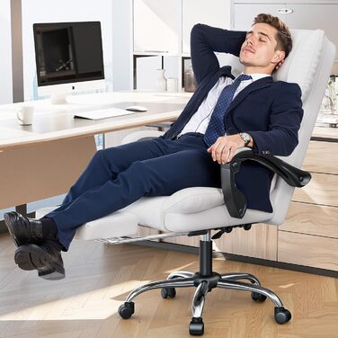 Офісне крісло naspaluro з підставкою для ніг, ергономічне робоче крісло, комп&39ютерне крісло зі штучної шкіри з м&39якими підлокітниками та м&39яким підголівником, функція нахилу, поворотне крісло з регулюванням висоти, білий колір, без підігріву