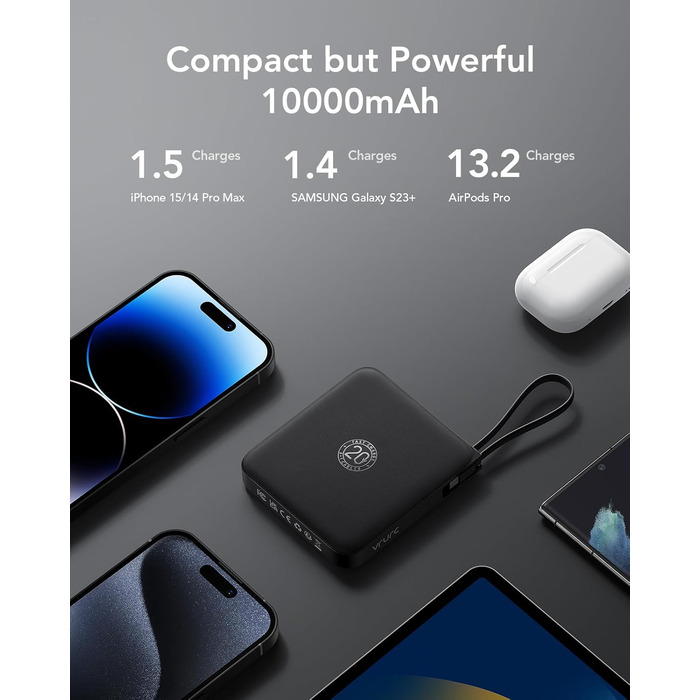 Із кабелем 10000 мАг. Маленький USB-C Power Bank. Швидка зарядка. 22,5 Вт. Міні-портативний зарядний пристрій. Зовнішній акумулятор. Маленький, але потужний акумулятор.