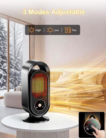 Електричний вентилятор-обігрівач, портативний кімнатний обігрівач, енергозберігаючий швидкий PTC-обігрівач потужністю 1500 Вт, керамічний вентилятор-обігрівач з термостатом, таймером та 3 режимами, захист від перегріву та перекидання для офісу та спальні