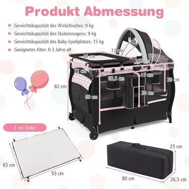 Дорожнє ліжечко COSTWAY 5 в 1 з матрацом, складне приліжкове ліжечко з регульованим балдахіном, дитяче ліжечко з пеленальний килимок, музичний мобіль та сумка для перенесення, дитяче дорожнє ліжечко до 15 кг (рожеві квіти)