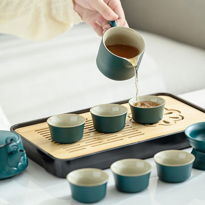 Китайський чайний сервіз з ситечком, порцеляновий набір для чаювання на 6 чашок, з ручкою з конопляного канату для розсипного чаю, ідеальний подарунок для поціновувачів чаю, зелений колір