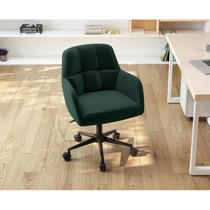 Оксамитове офісне крісло з колесами, обертове крісло, регульоване по висоті робоче крісло, товста спинка, зручне офісне крісло для домашнього кабінету, спальня, зелений