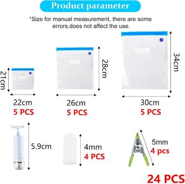 Вакуумні пакети для харчових продуктів набір вакуумних мішків, багаторазові вакуумні пакети з 1 ручним насосом, вакуумні пакети без BPA, пакети для вакуумного пакування Пакети Sous Vide Set (22x21 см * 5 26 x 28 см * 5 30 x 34 см *5), 15 шт.